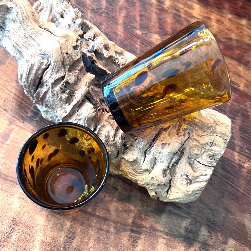 Handblown Amber Tortoiseshell Glass Tumblers Set Of 2 4" Height Unique Artisan D